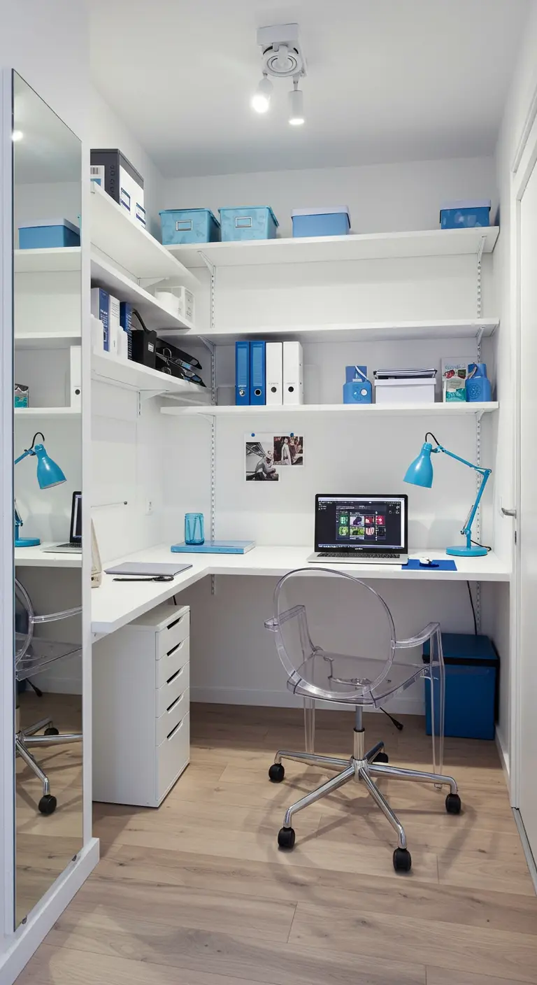 Un placard transformé en double bureau blanc et bleu avec des étagères murales et une chaise transparente.