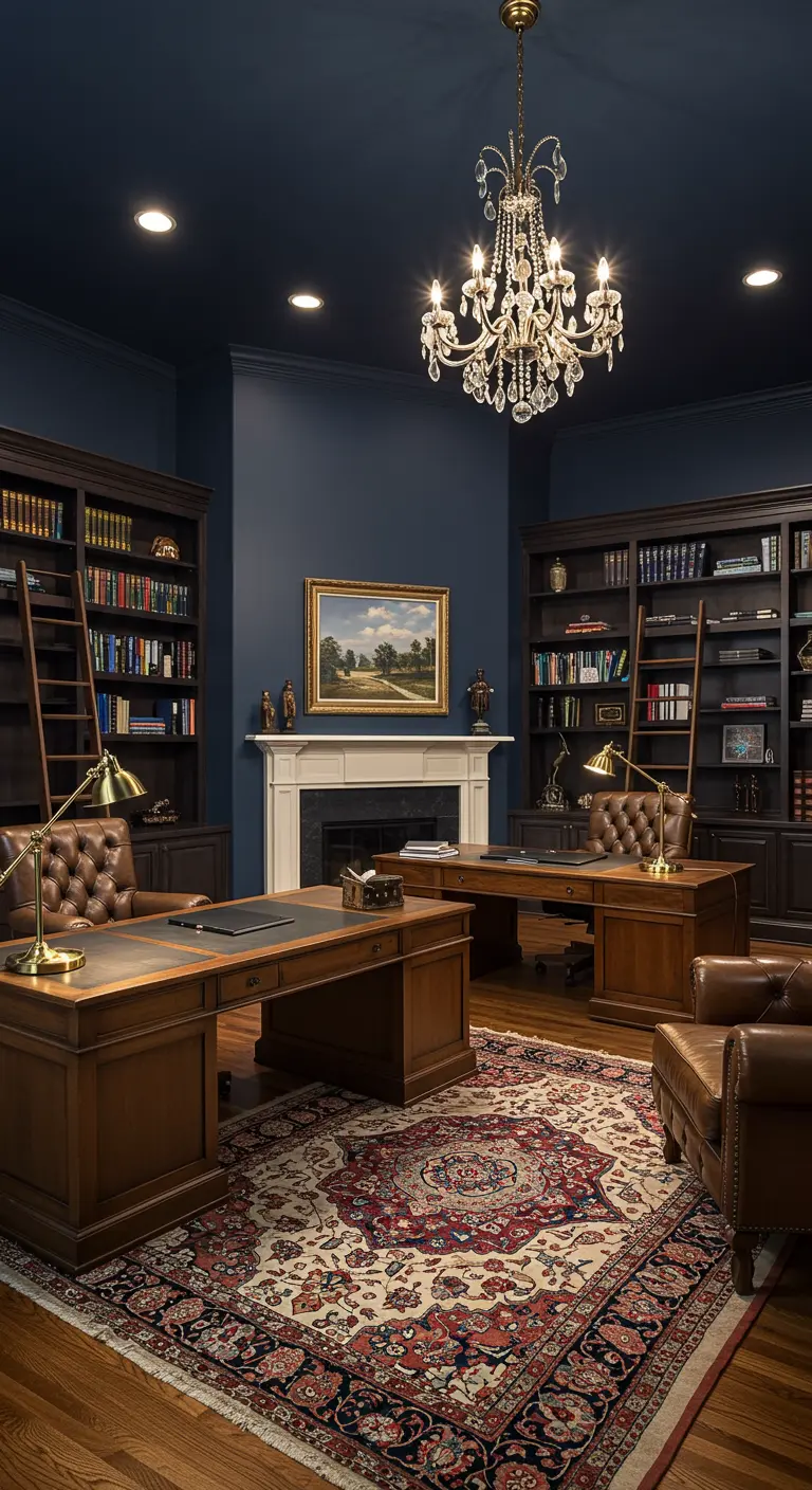 Bureau double de style classique et luxueux avec des meubles en bois massif, un grand tapis et un lustre.