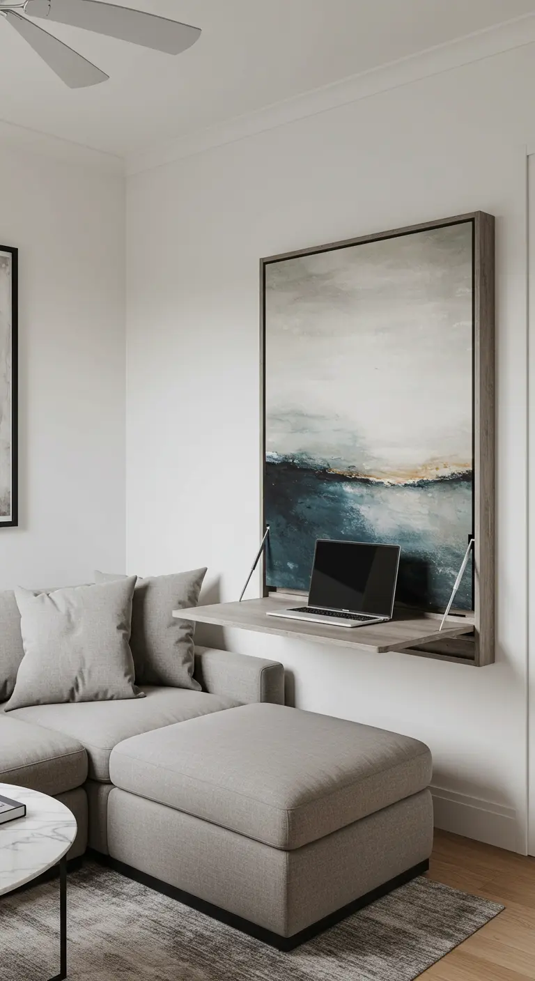 Bureau mural rabattable déguisé en grand tableau d'art abstrait.