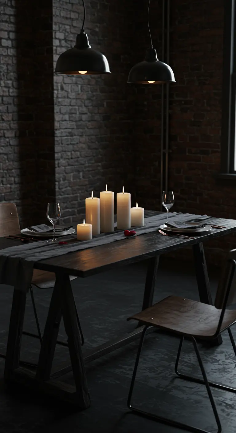 Table sombre avec un groupe de bougies blanches au centre.
