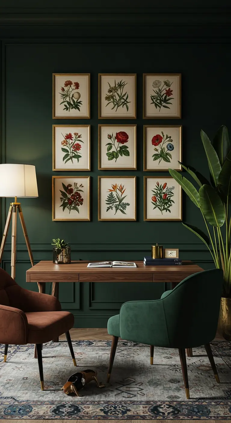 Bureau élégant avec mur vert foncé, galerie de cadres botaniques et chaises en velours.