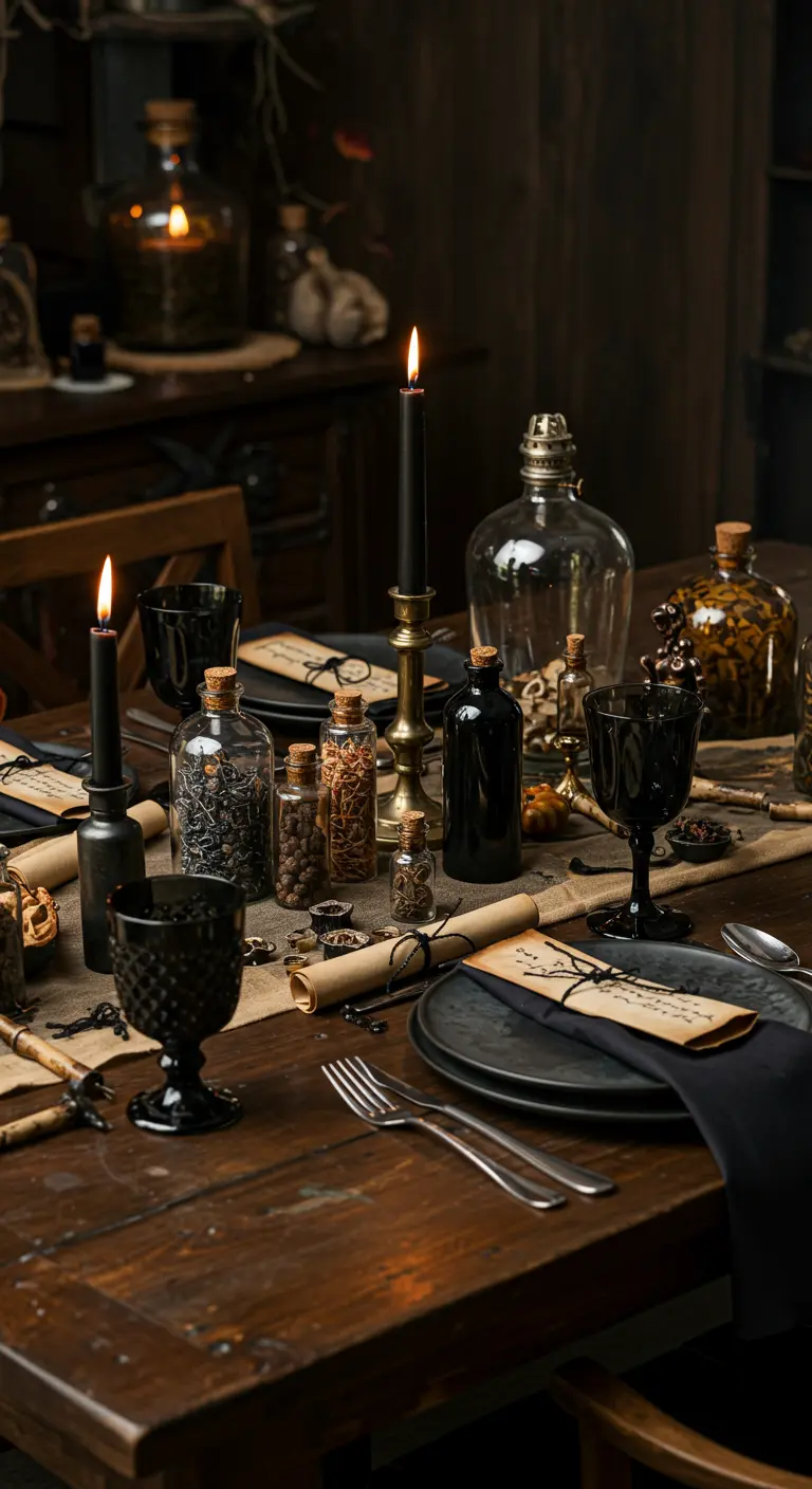 Table rustique décorée comme un cabinet d'apothicaire avec des fioles.