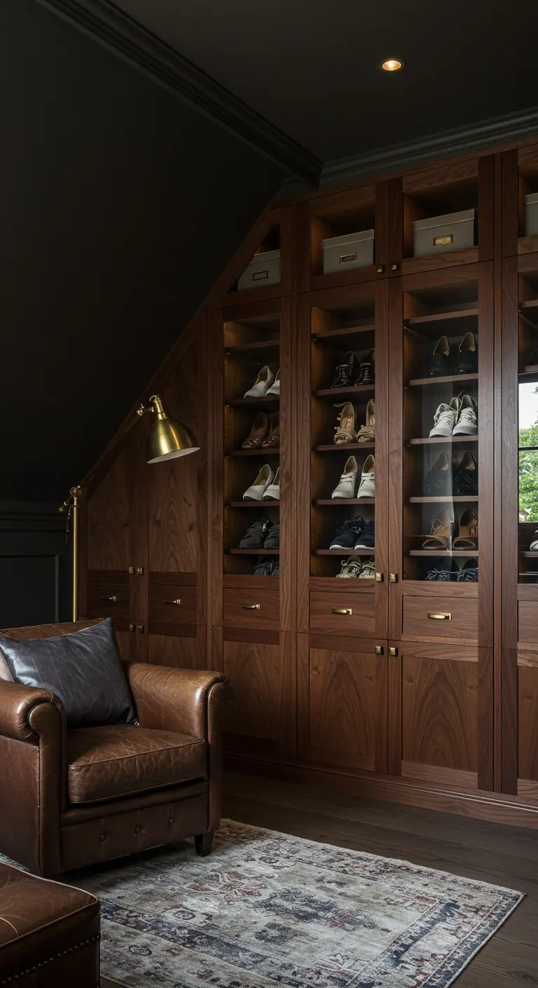 Coin dressing en noyer avec vitrines éclairées pour chaussures et fauteuil en cuir.