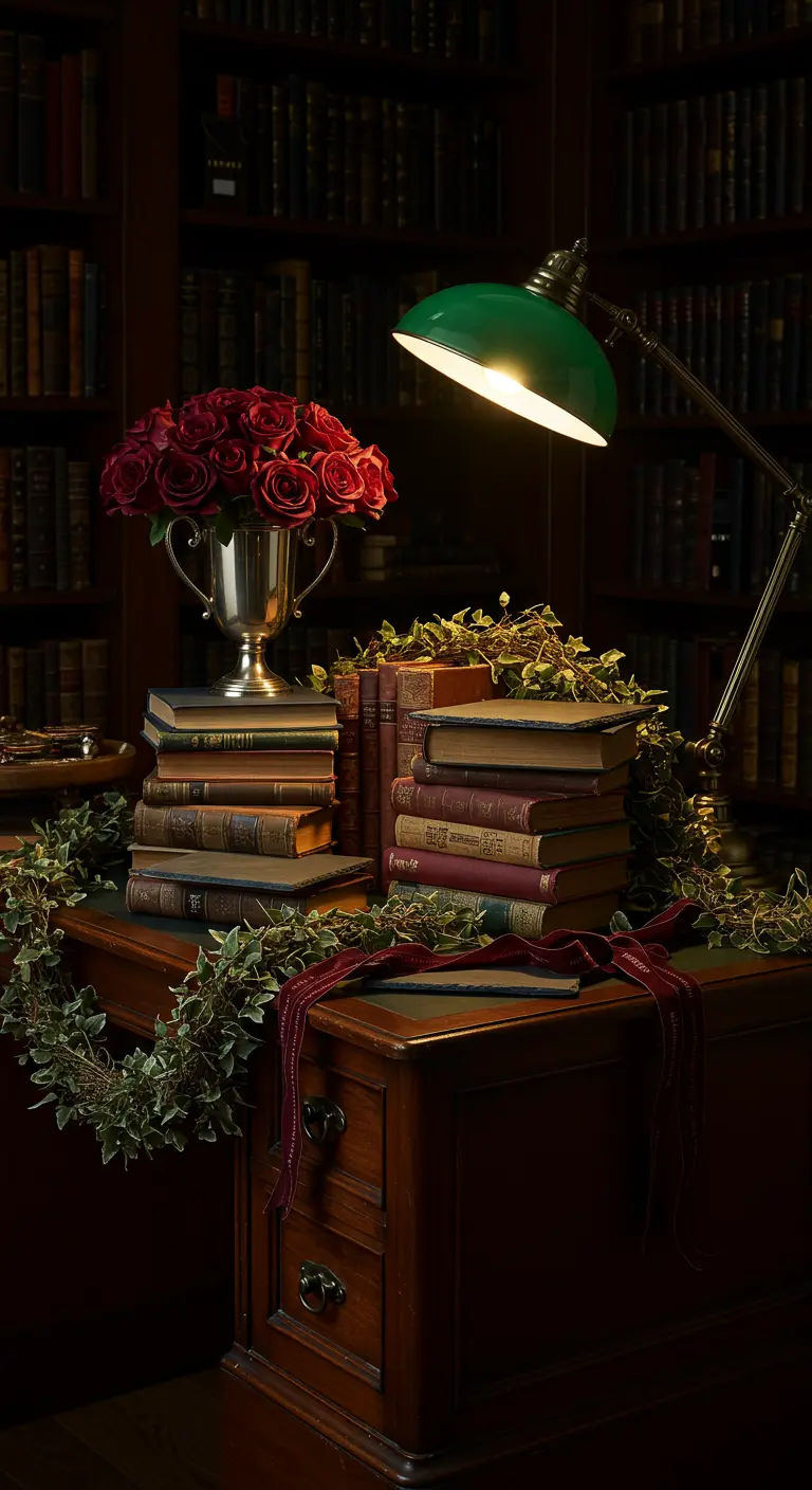 Buffet d'anniversaire sur un bureau en bois avec des livres, des roses rouges et du lierre.