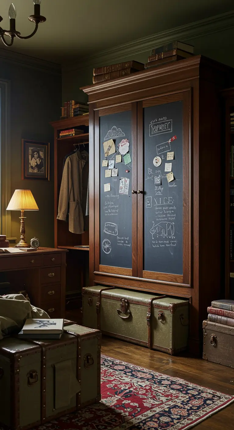 Chambre sombre et studieuse avec une armoire dont les portes sont peintes en noir ardoise.