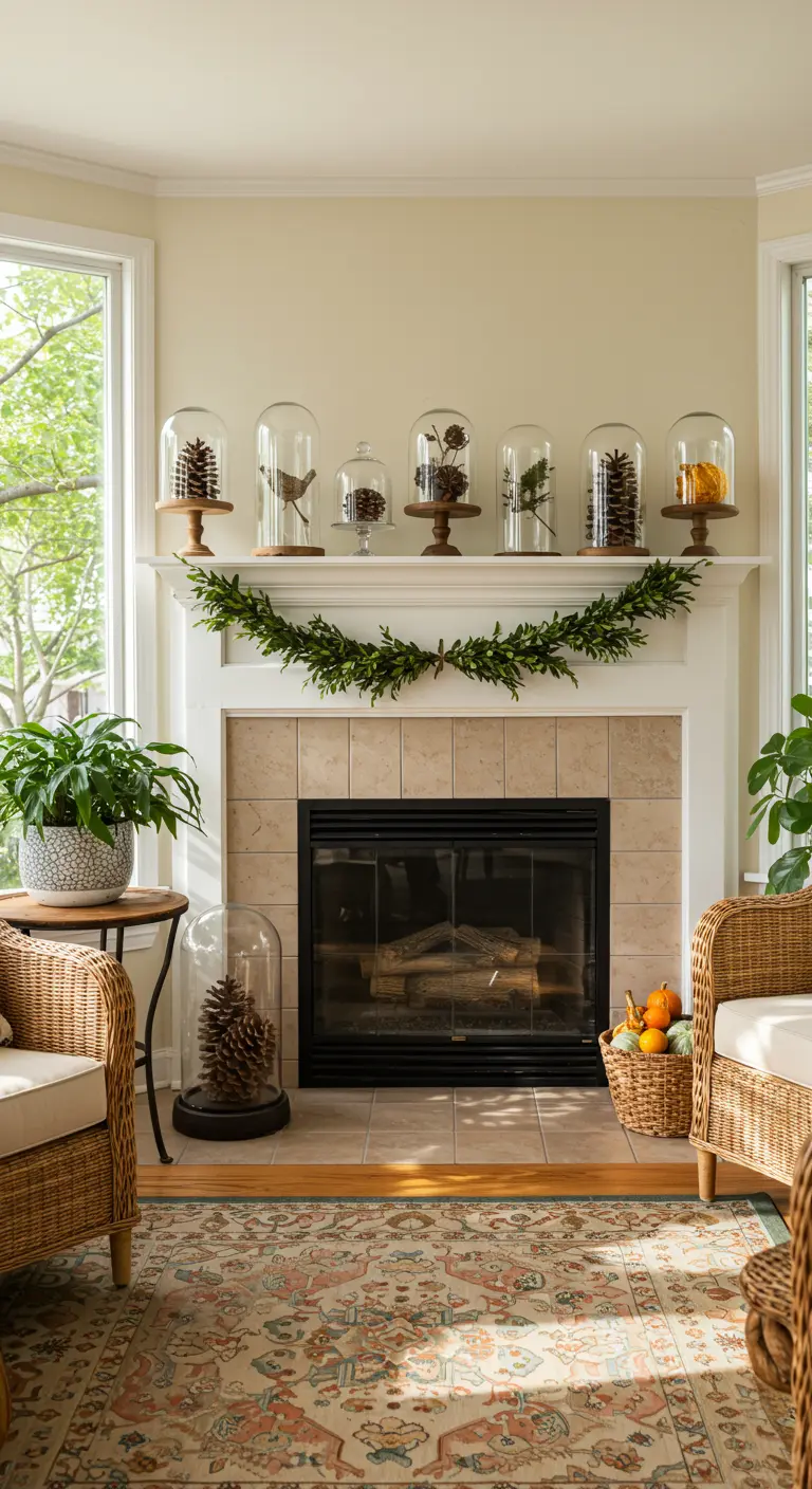 Décoration de cheminée avec des pommes de pin et des trésors naturels sous des cloches en verre.