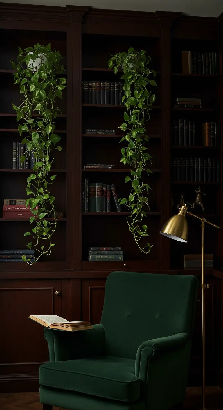 Bibliothèque en bois sombre avec des plantes retombantes luxuriantes créant un coin lecture intime.