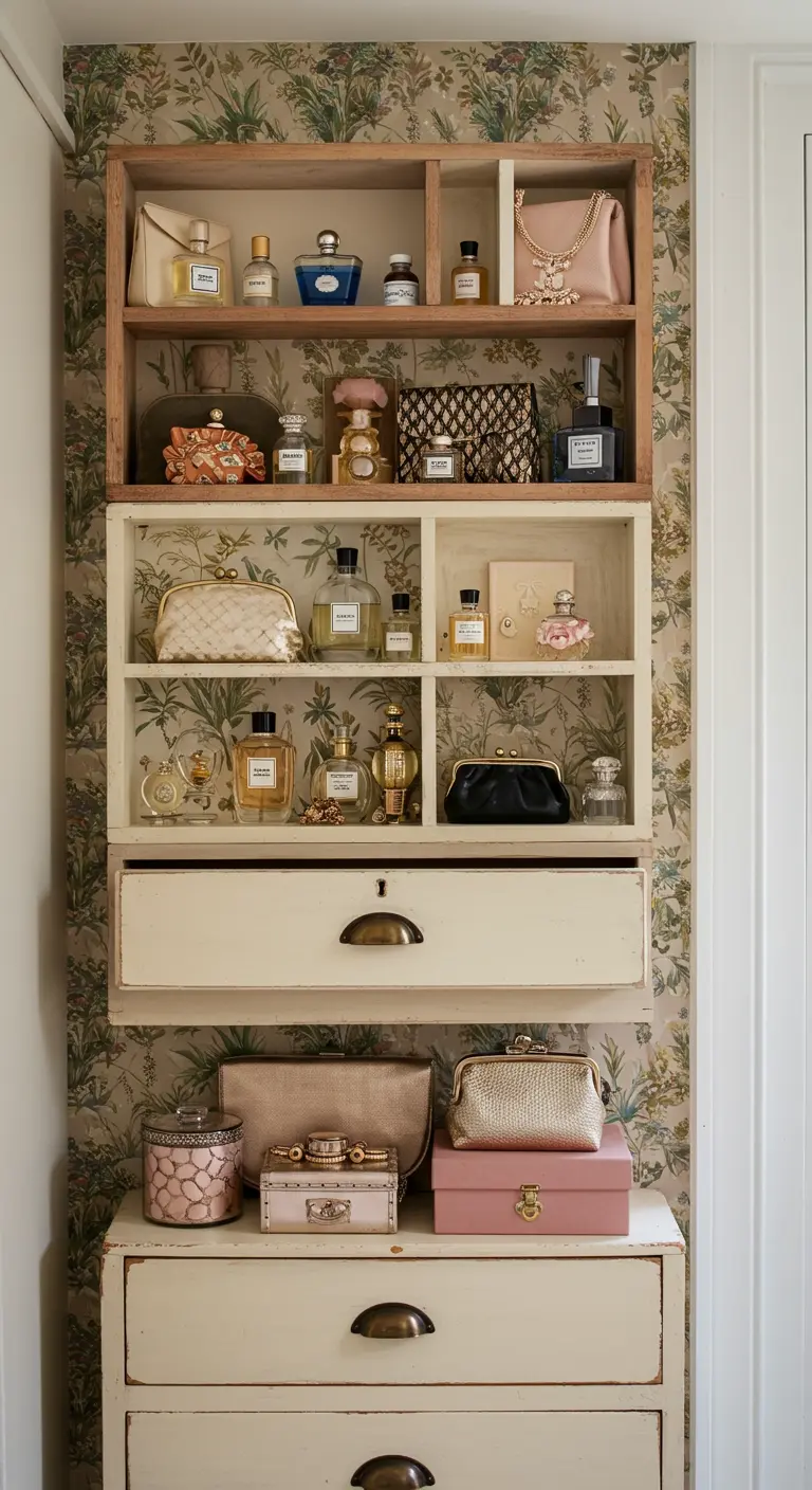 Étagère murale vintage blanche présentant une collection de parfums et sacs.