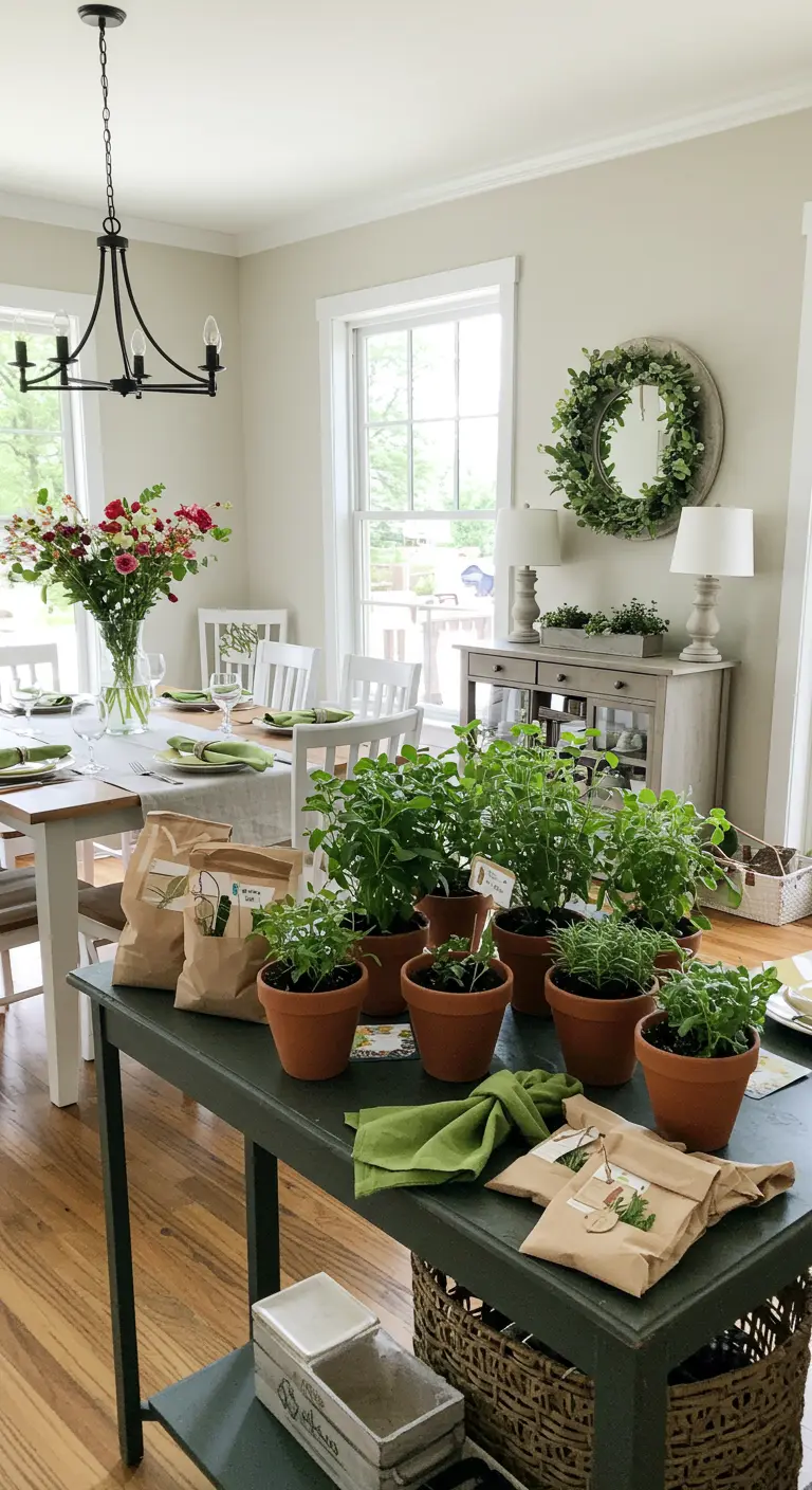 Petits pots d'herbes aromatiques préparés comme cadeaux pour les invités, présentés dans des sacs en papier.