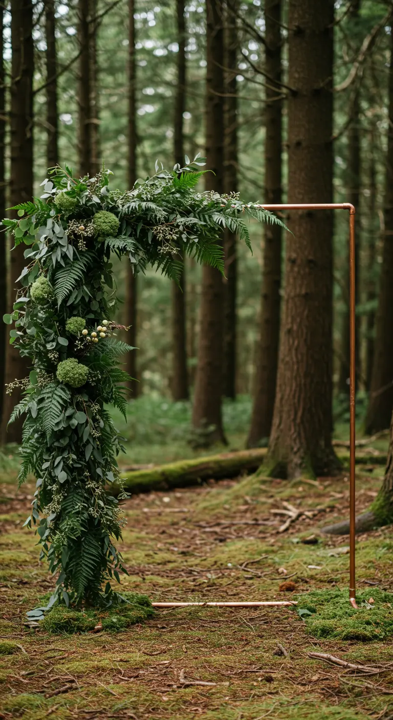 Structure de mariage en cuivre avec un arrangement floral asymétrique dans une forêt de pins.