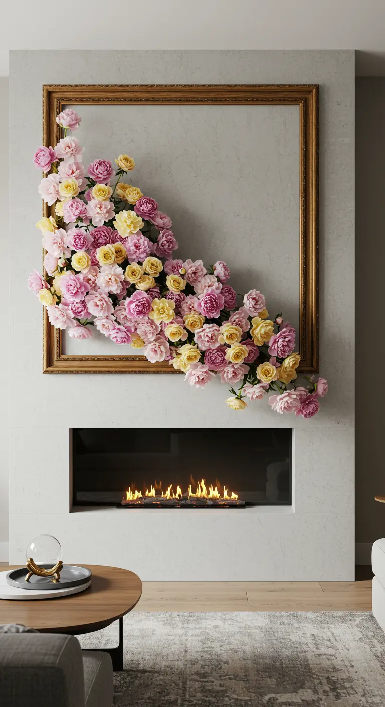 Un cadre doré vide avec des fleurs roses et jaunes qui en débordent.