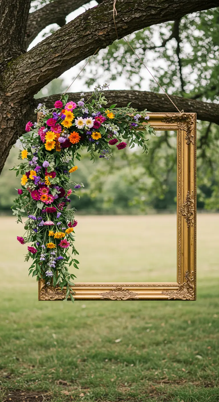 Cadre doré suspendu à un arbre, décoré de fleurs multicolores.