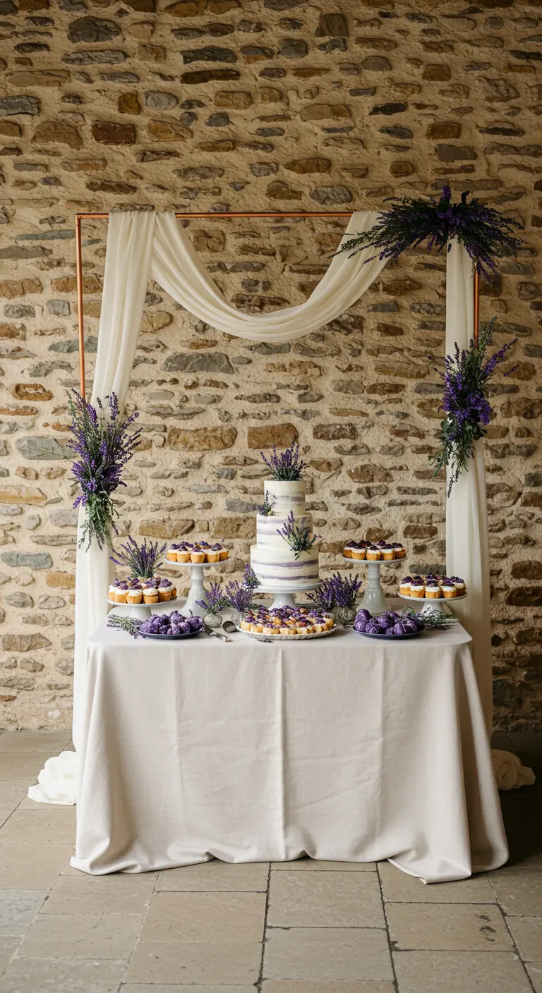 Arche cuivrée minimaliste décorant une table de desserts sur fond de mur en pierre.