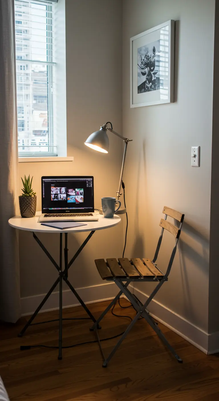 Petite table ronde pliante et chaise assortie servant de bureau près d'une fenêtre.