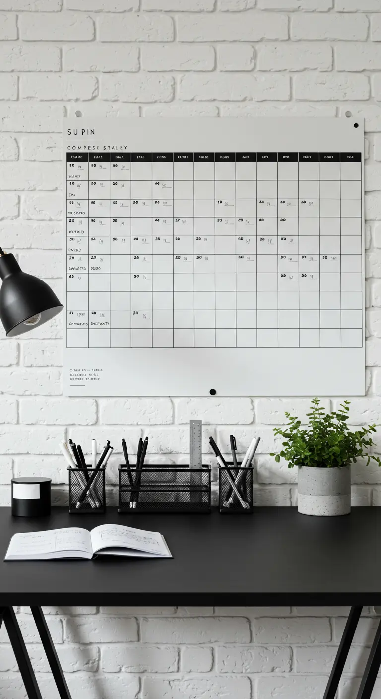Bureau noir face à un mur de briques blanches avec un grand calendrier mural.