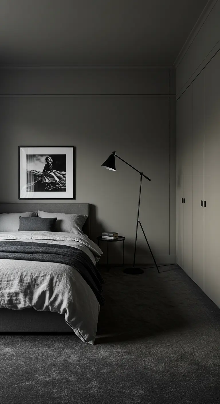Chambre monochrome dans des tons de gris foncé avec un lampadaire design.