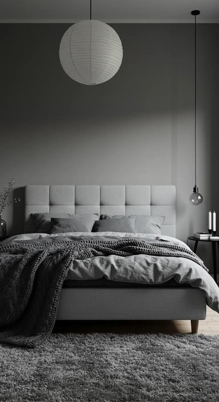 Chambre monochrome grise avec tête de lit capitonnée et tapis shaggy.