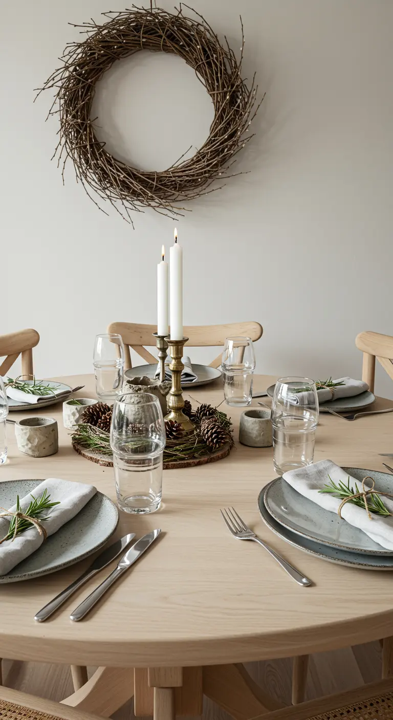 Table dressée avec une couronne de branchages comme centre de table.