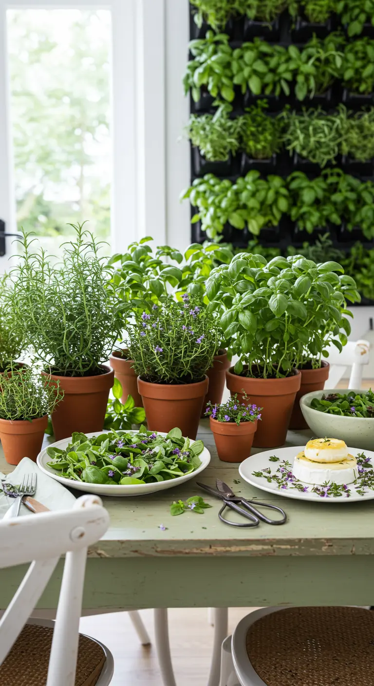 Table de brunch avec des pots d'herbes aromatiques en fleurs comme centre de table.