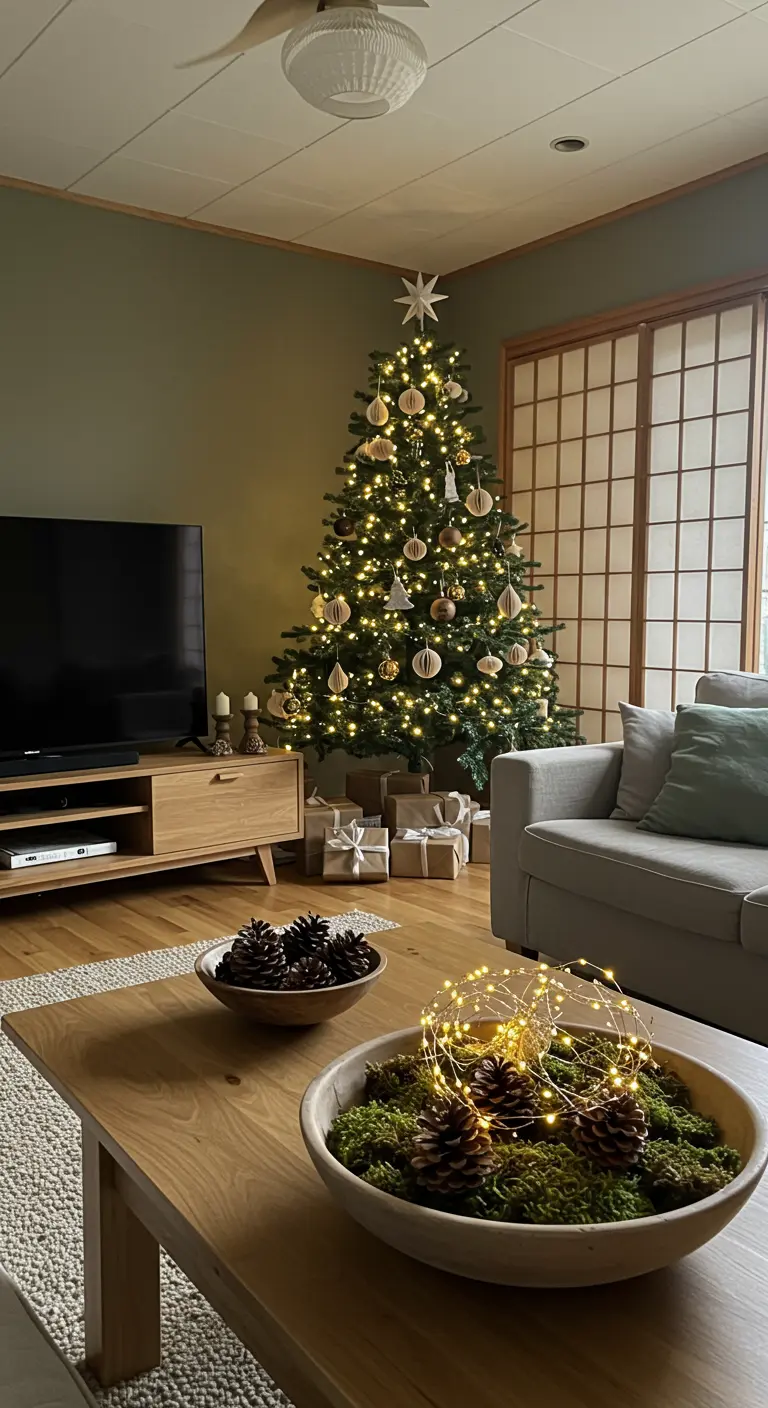 Centre de table DIY avec mousse, pommes de pin et guirlande lumineuse dans un bol en bois.