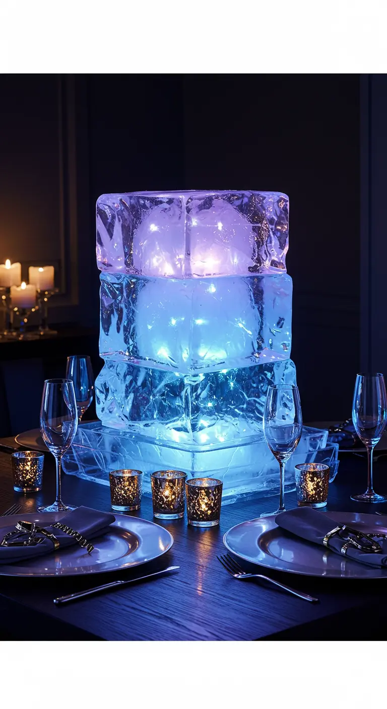 Centre de table composé de blocs de glace empilés, illuminés de l'intérieur par des lumières bleues.