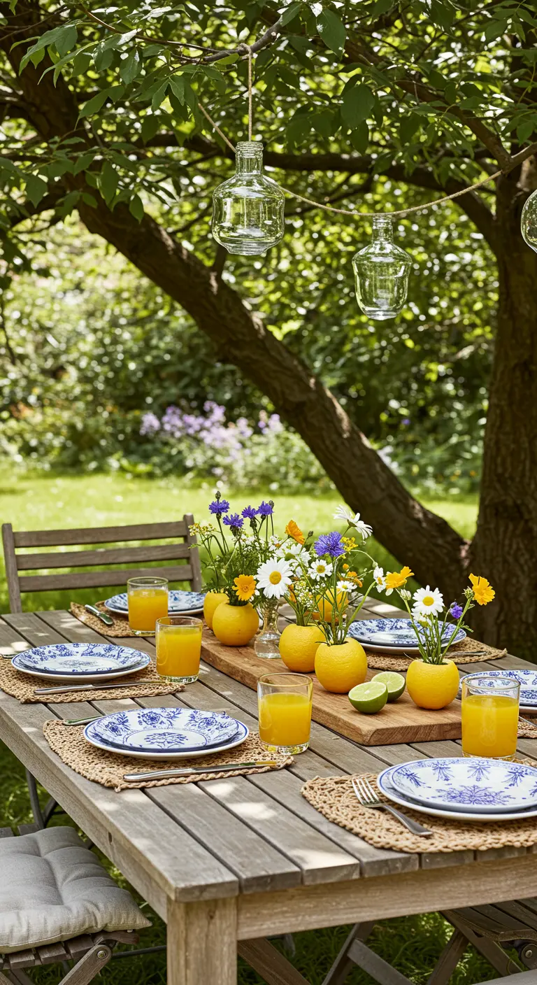 Table de jardin avec des fleurs disposées dans des oranges évidées servant de petits vases.