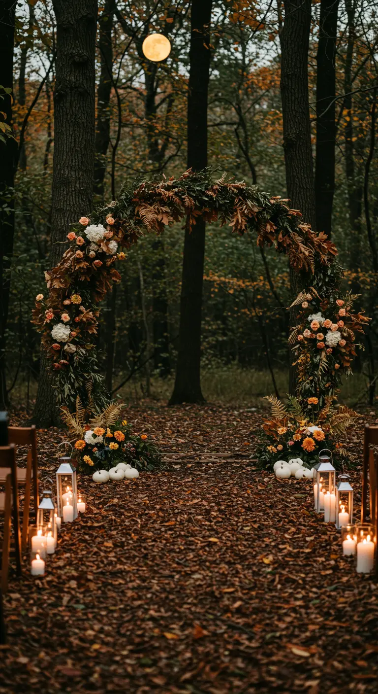 Arche circulaire décorée de feuillages d'automne, de fleurs blanches et de citrouilles.