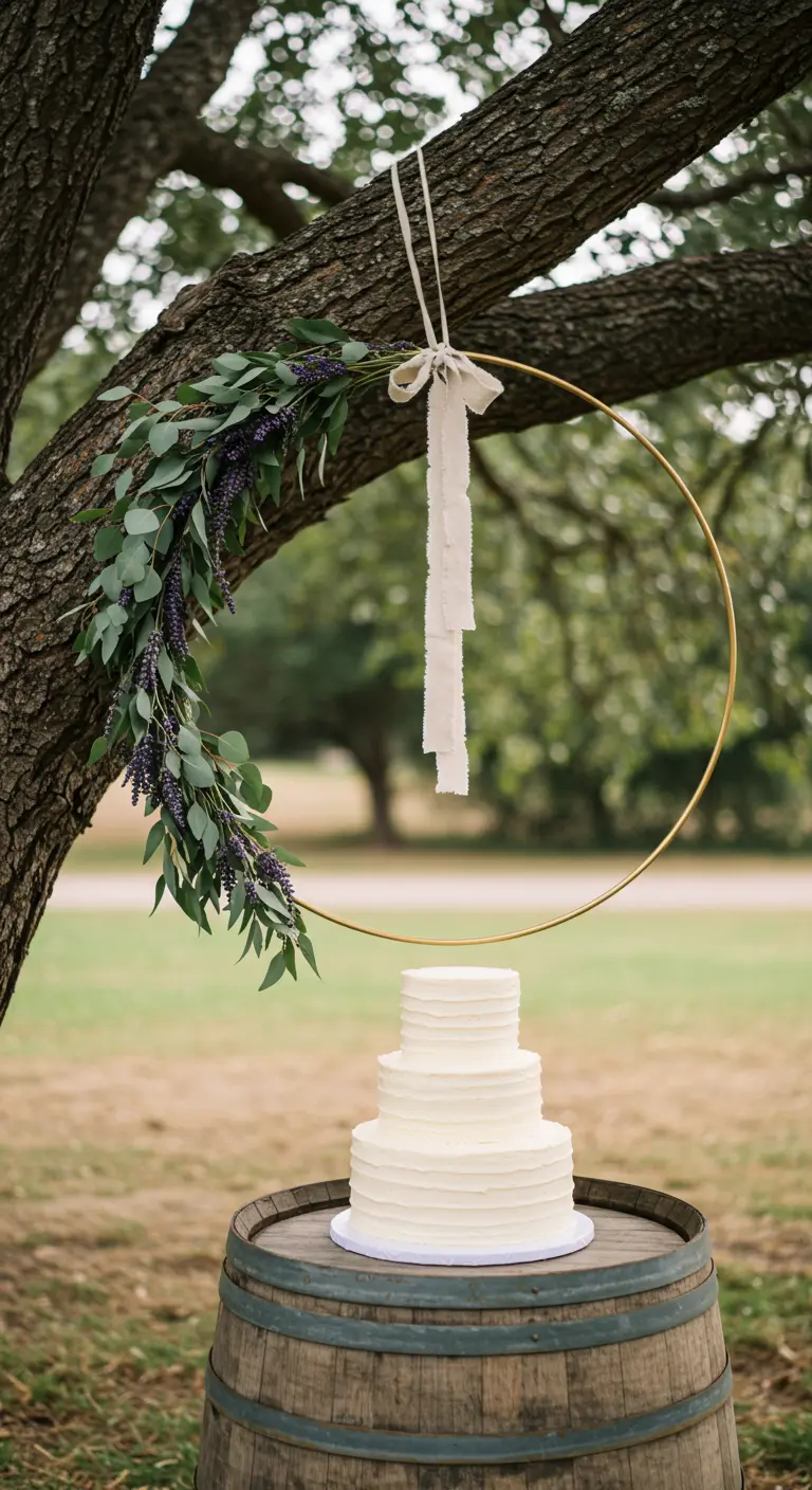 Gâteau de mariage sur un tonneau, sous un cerceau doré suspendu décoré de lavande.