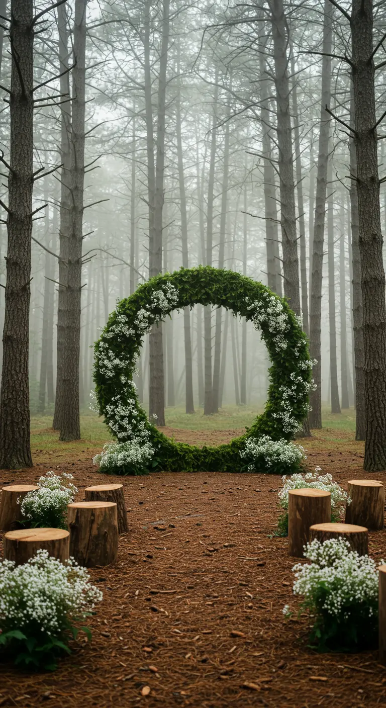 Arche circulaire entièrement recouverte de mousse et de petites fleurs blanches dans une forêt brumeuse.