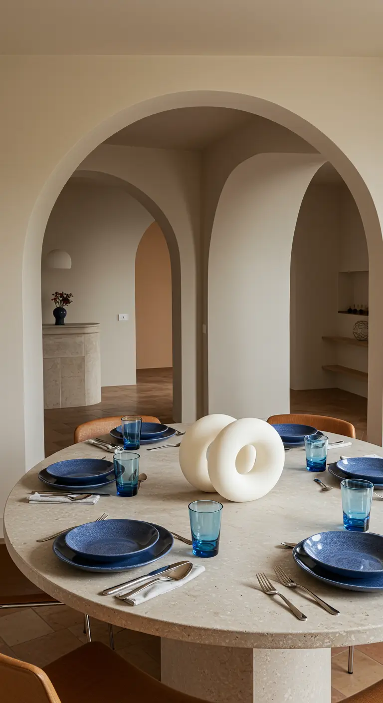 Table ronde en terrazzo avec de la vaisselle bleue et une sculpture blanche en forme d'anneau.