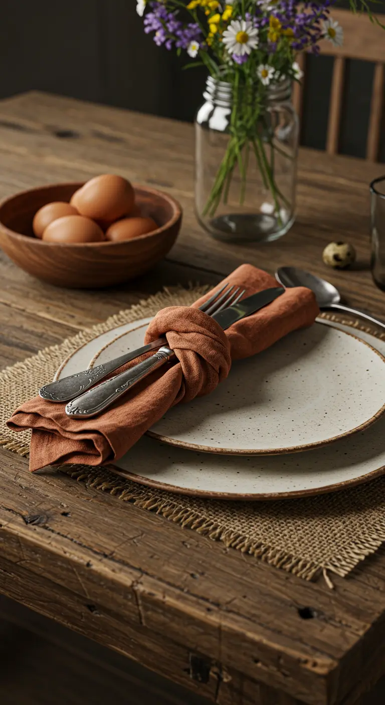 Table rustique avec assiettes en grès et serviette nouée.