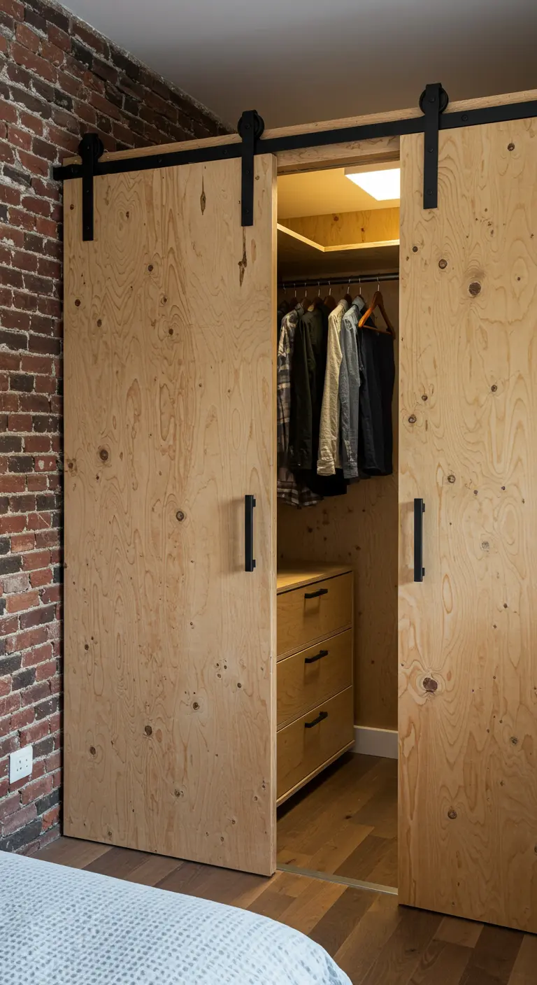 Portes de dressing coulissantes style grange en contreplaqué brut.