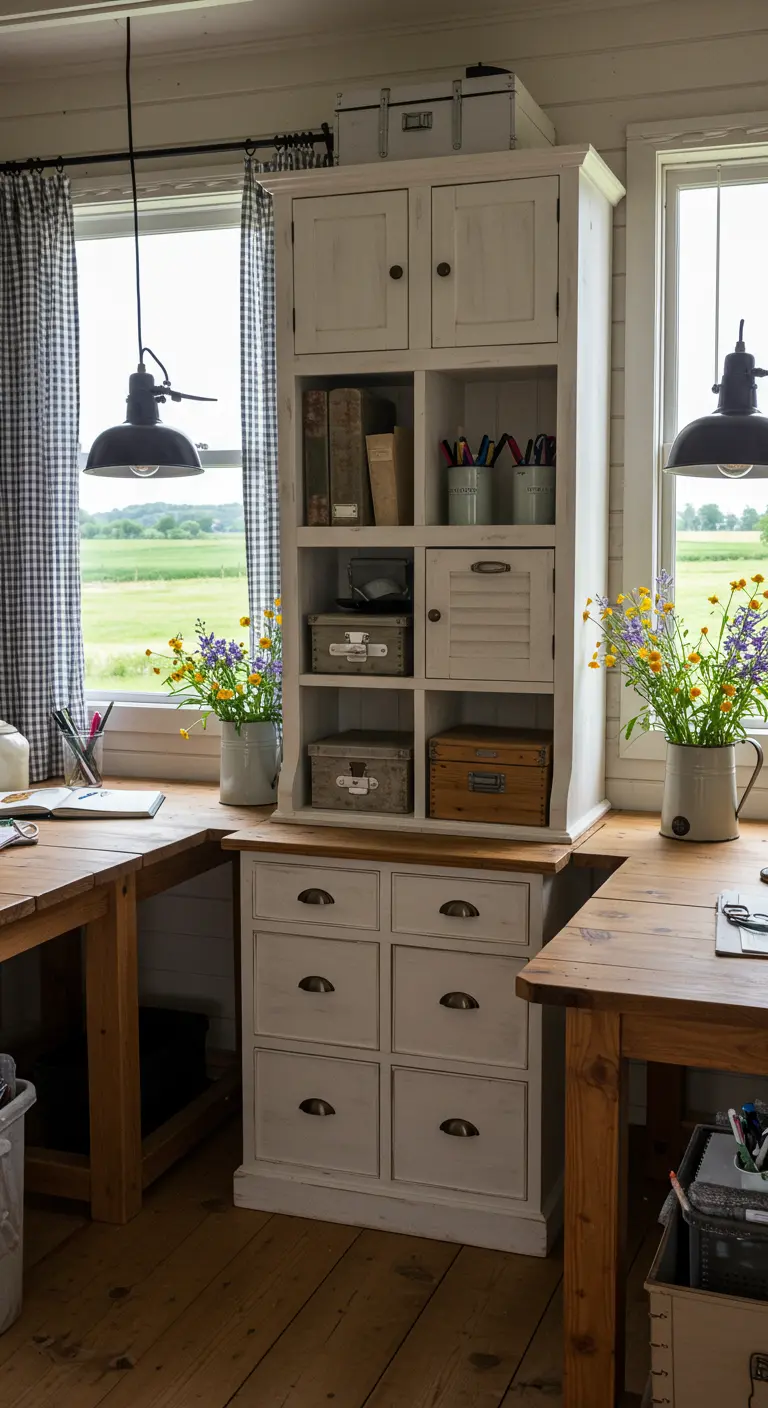 Bureau d'angle de style campagnard avec une grande armoire blanche, des bureaux en bois et des fleurs.