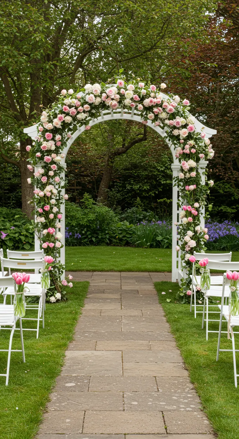 Arche de jardin en treillis blanc recouverte de roses et de tulipes roses et blanches.