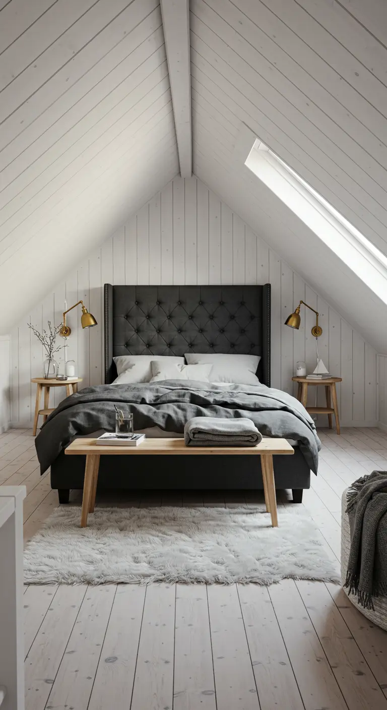 Chambre sous les combles avec tête de lit capitonnée gris foncé et murs en lambris blanc.
