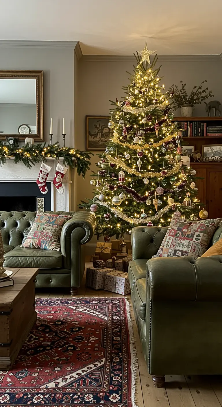 Salon de style vintage avec des fauteuils en cuir et un sapin aux décorations éclectiques.