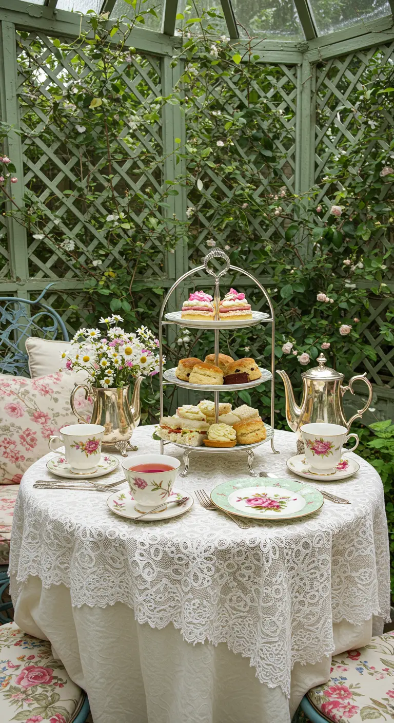 Table de thé à l'anglaise dans un jardin, avec des pâtisseries fleuries.