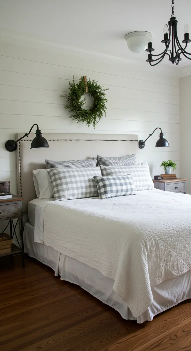 Mur en lambris blanc servant de tête de lit, décoré d'une couronne de verdure.