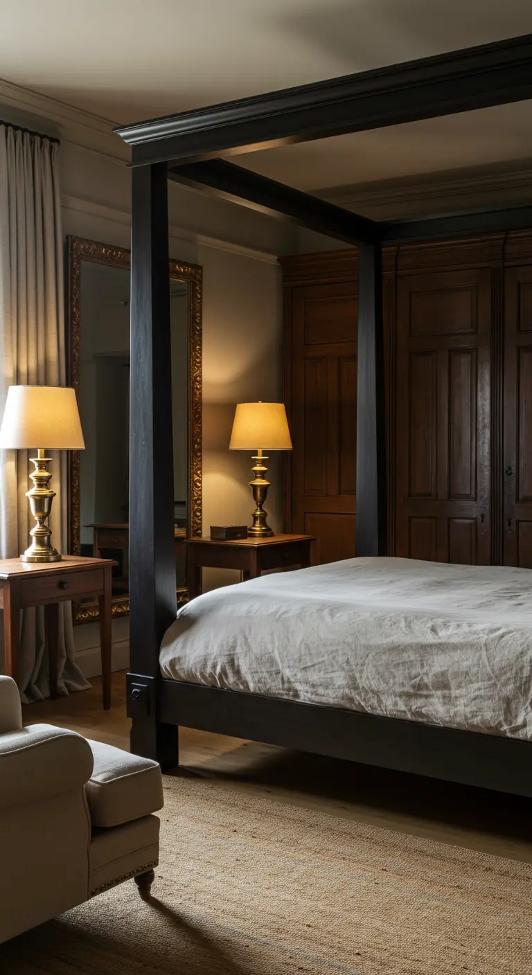 Chambre classique avec un grand lit à baldaquin en bois sombre et des lampes de chevet symétriques.