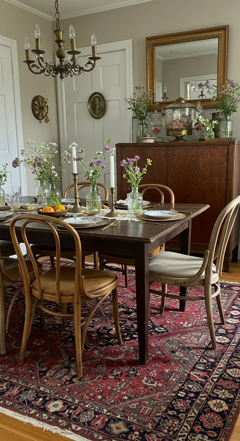 Salle à manger vintage avec chaises dépareillées et petits bouquets de fleurs sauvages.