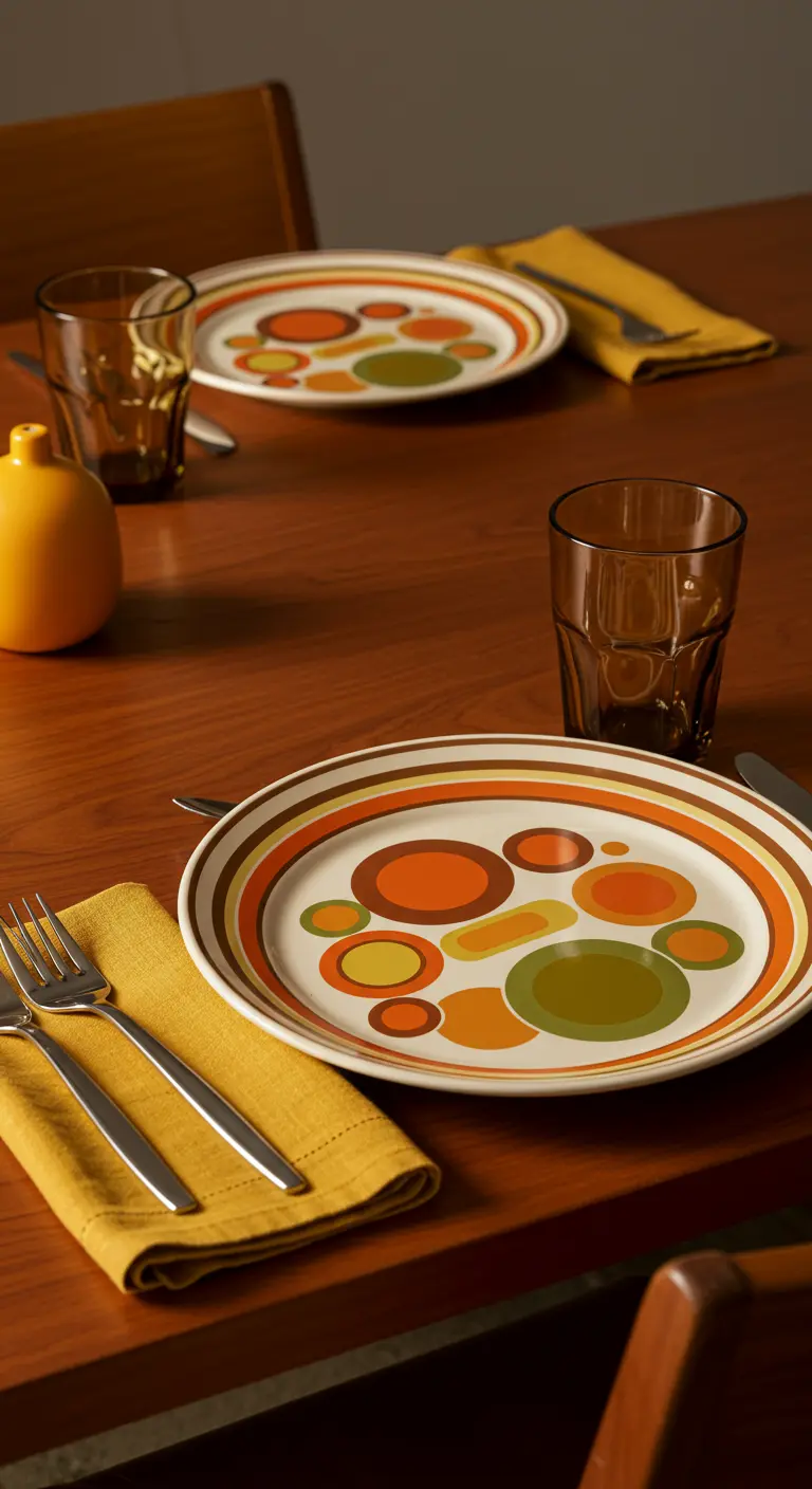 Vaisselle à motifs rétro des années 70 avec des verres ambrés.