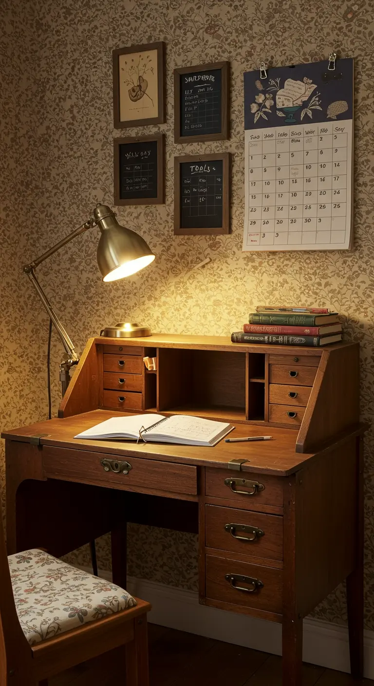 Bureau secrétaire vintage en bois avec une lampe en laiton et un papier peint à motifs.
