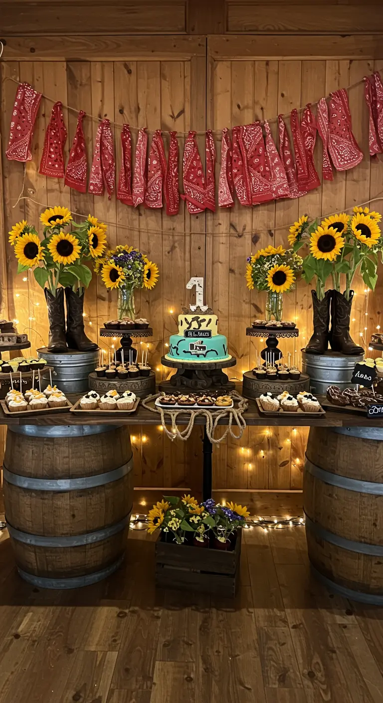 Buffet sur le thème western avec des tonneaux, des bottes en guise de vases et des tournesols.