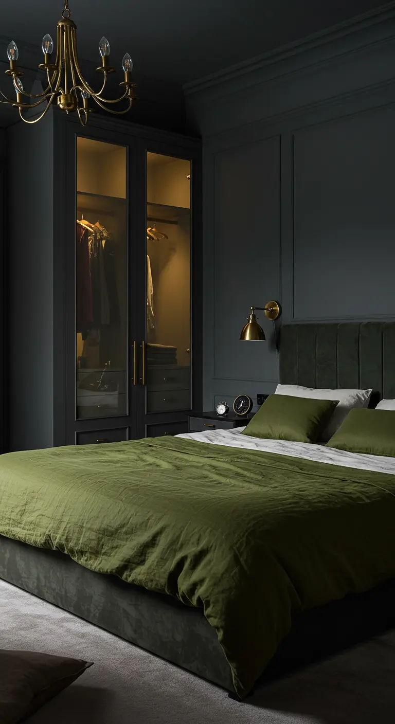 Chambre sombre et élégante avec des murs et une armoire verts, des touches de laiton et du linge de lit assorti.