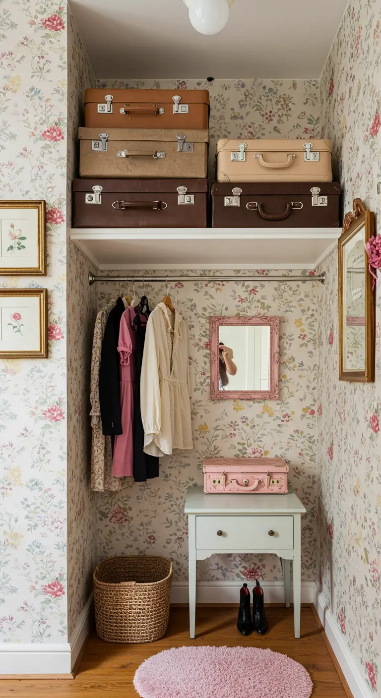 Petit placard avec papier peint floral, valises vintage et petits cadres dorés.