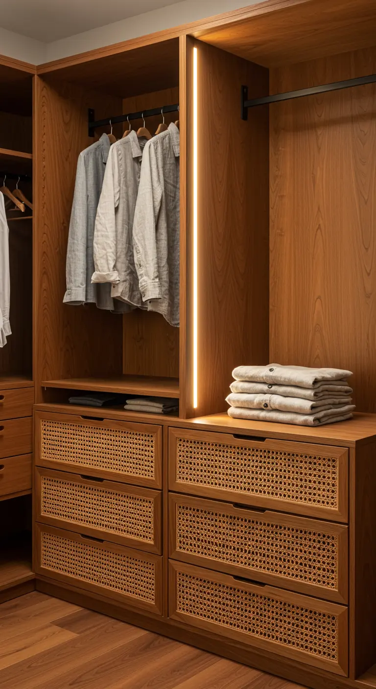 Dressing en bois avec des tiroirs à façade en cannage et un éclairage LED.