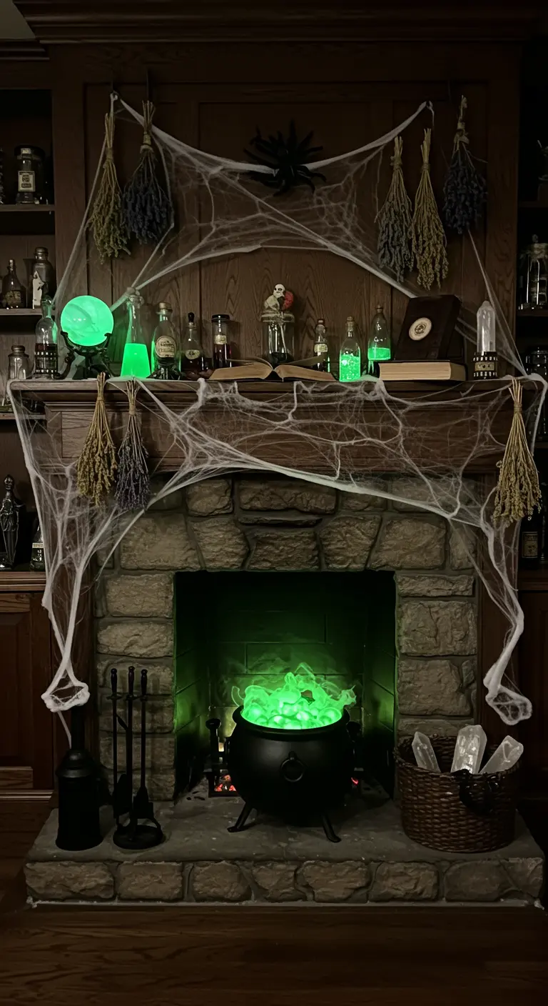 Cheminée d'Halloween avec un chaudron vert bouillonnant et des potions de sorcière.