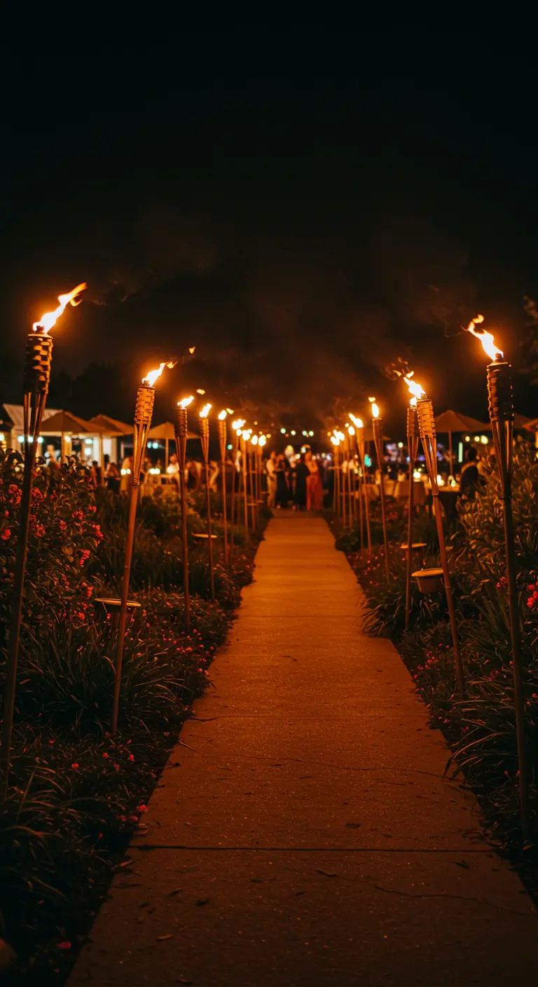 Allée de jardin la nuit, bordée de nombreuses torches tiki allumées.