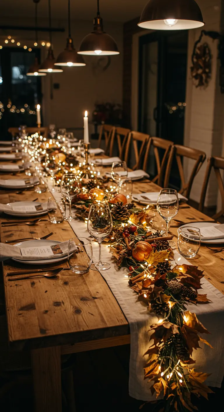 Table de dîner rustique avec un chemin de table fait d'une guirlande lumineuse.