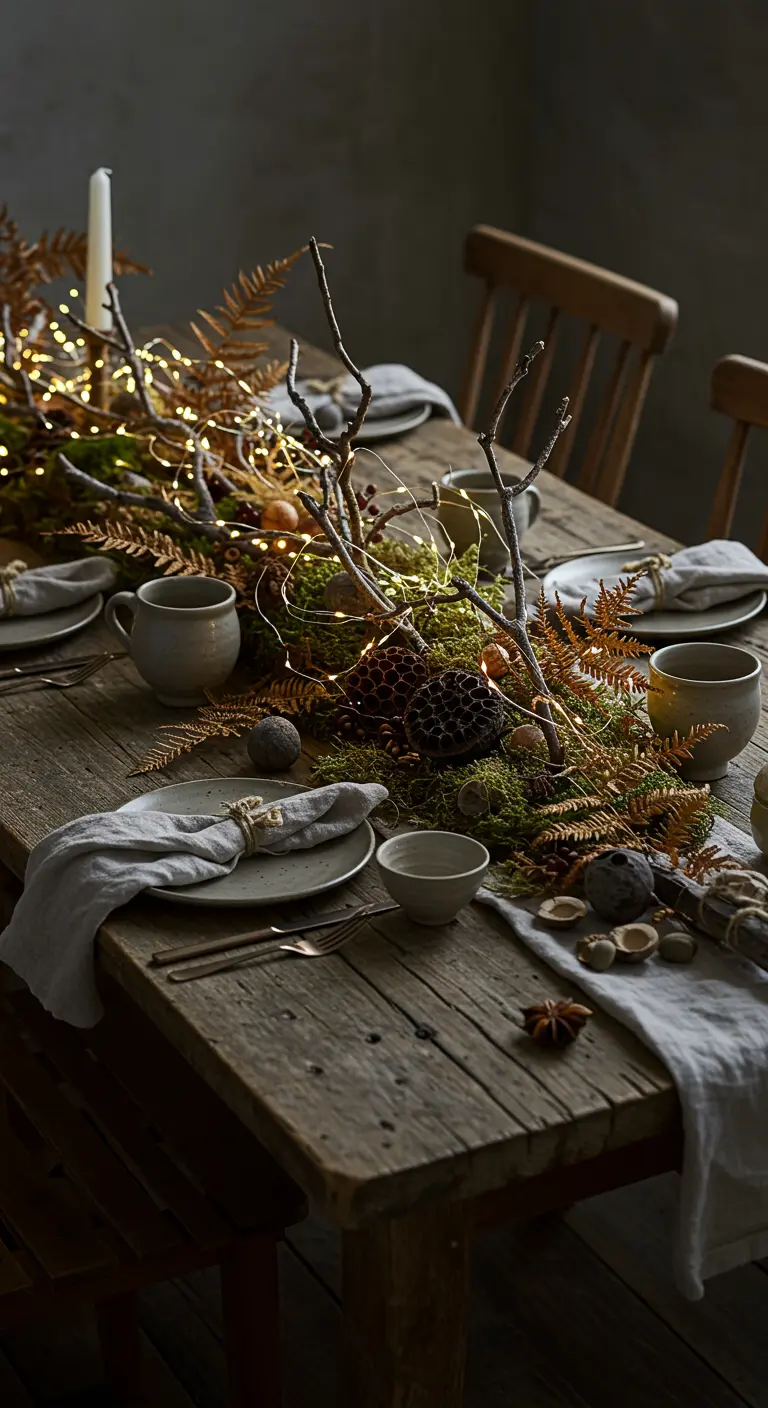 Table rustique avec un chemin de table fait de mousse, branchages et guirlandes LED.